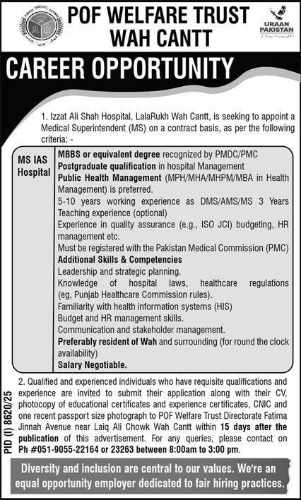 Pakistan Ordnance Factories POF Hospital Wah Cantt Jobs 2026 – Pakistan Ordnance Factories Board Wah Cantt Jobs 2026 — original advertisement