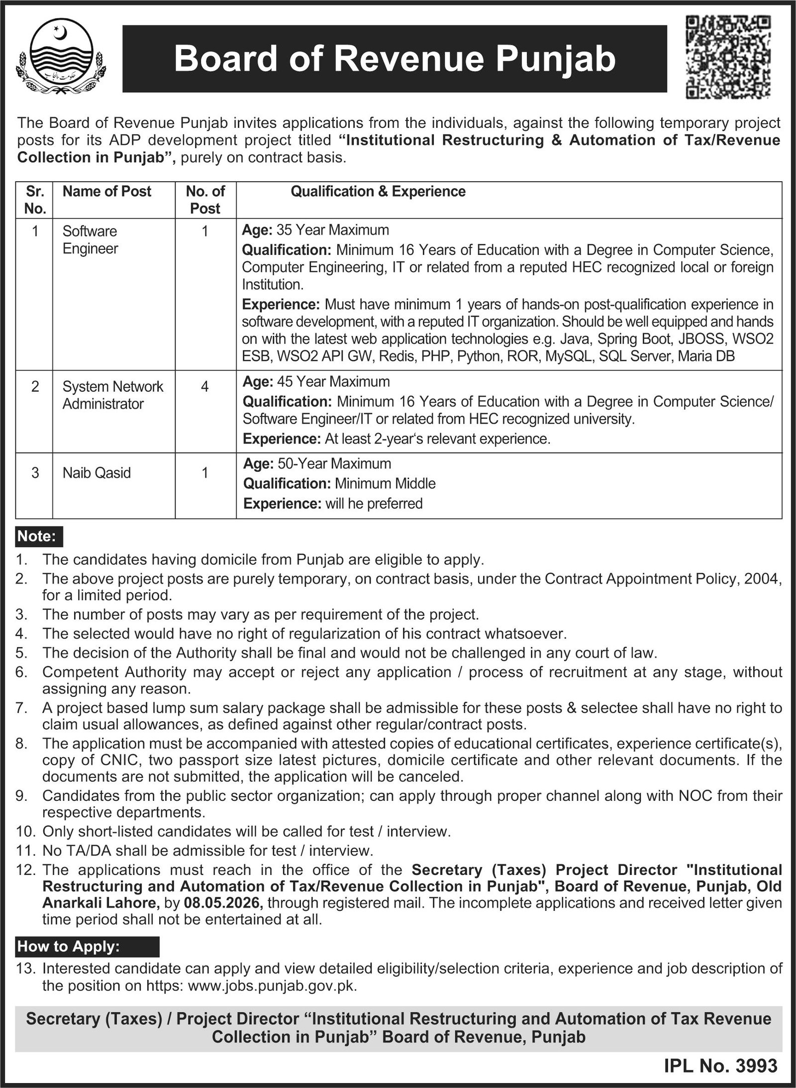 Board Of Revenue Lahore Job 2026 – Revenue Department Punjab Jobs 2026 — original advertisement