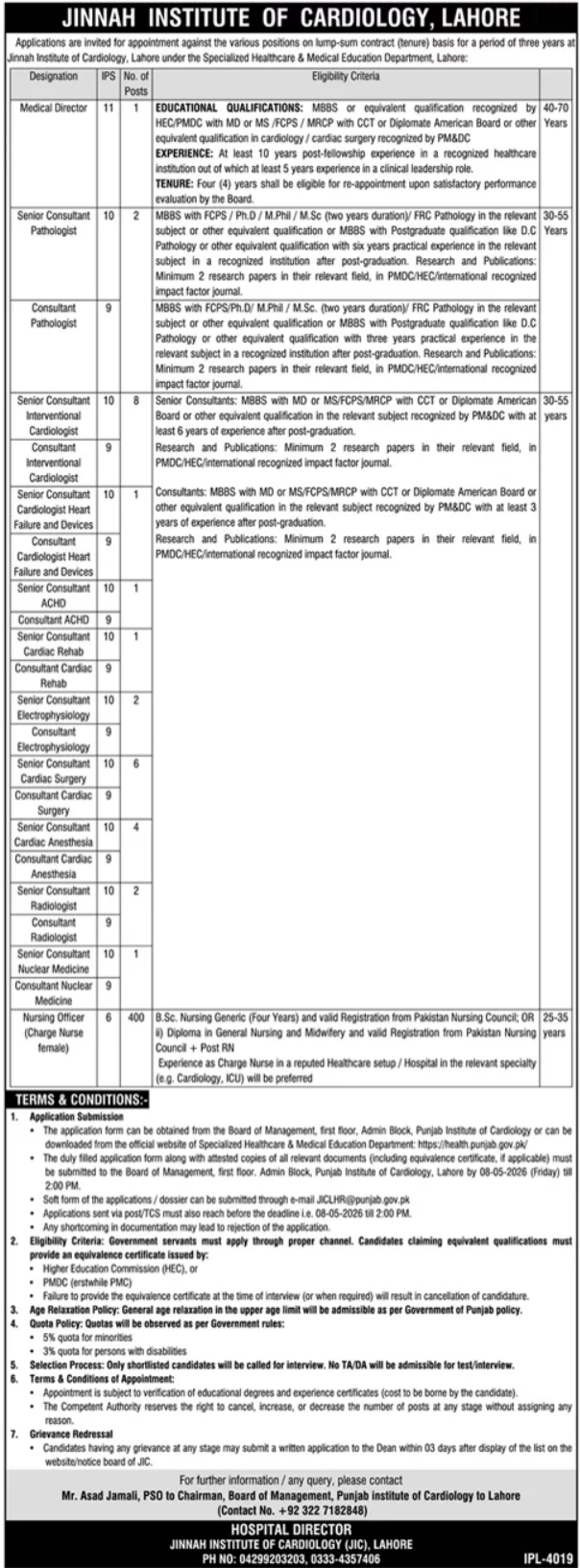 Jinnah Institute Of Cardiology JIC Lahore Jobs 2026 – Jinnah Islamia Group Of Colleges Peshawar Jobs 2026 — original advertisement