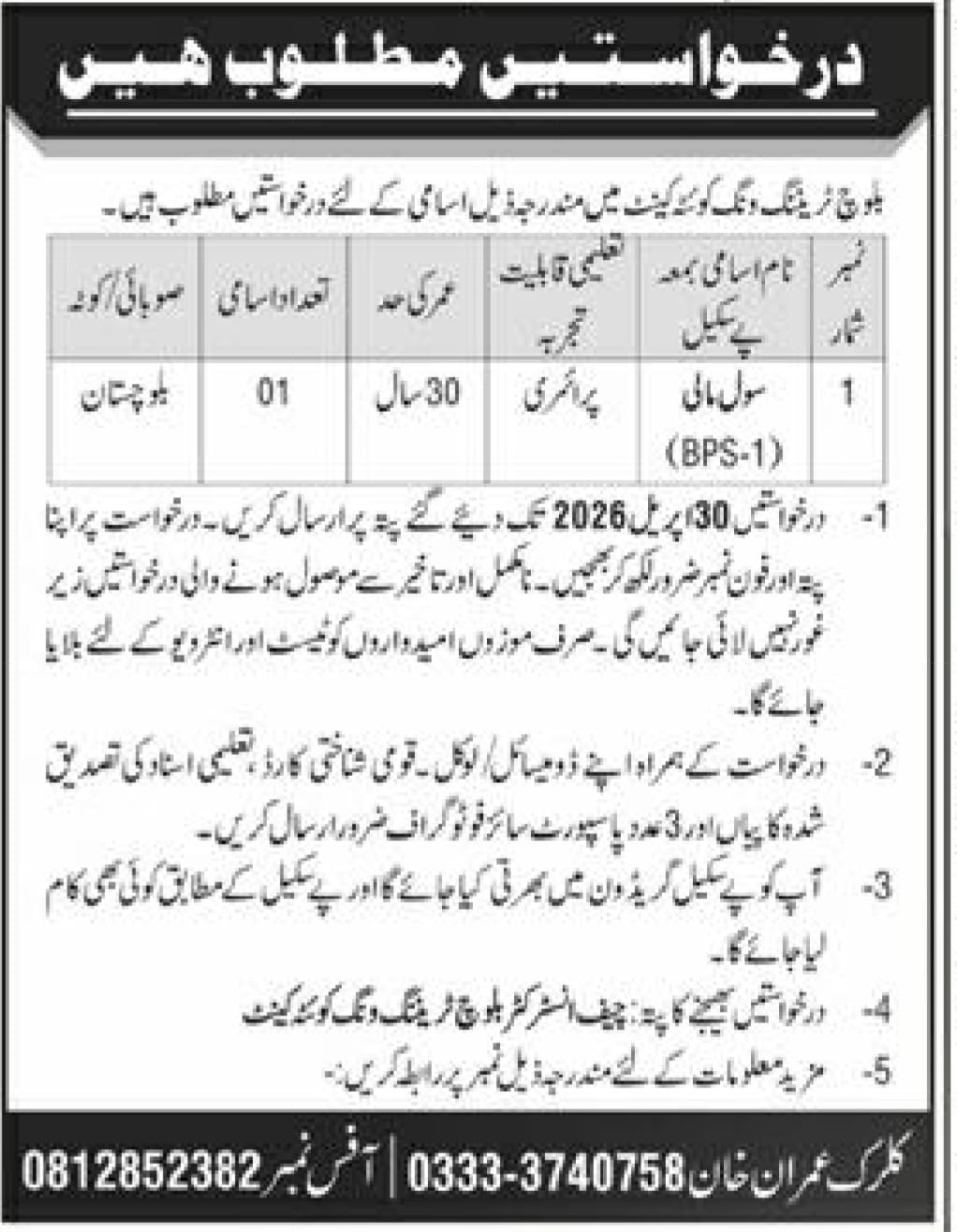 Baloch Training Wing, Quetta Cantonment Jobs 2026 – Pakistan Army Jobs 2026 — original advertisement