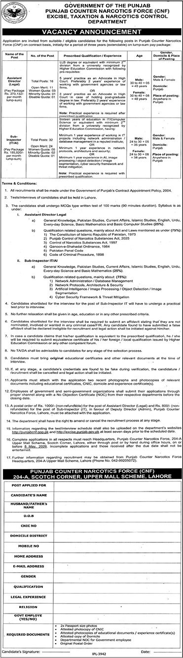 Exise Taxation & Narcotics Control Department Jobs 2026 – Excise Taxation & Narcotics Control Department Punjab Admissions 2026 — original advertisement