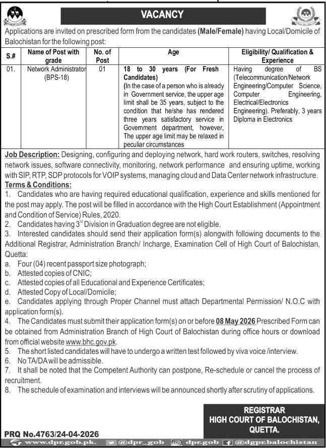 High Court Of Balochistan Quetta Jobs 2026 – Balochistan High Court Jobs 2026 — original advertisement
