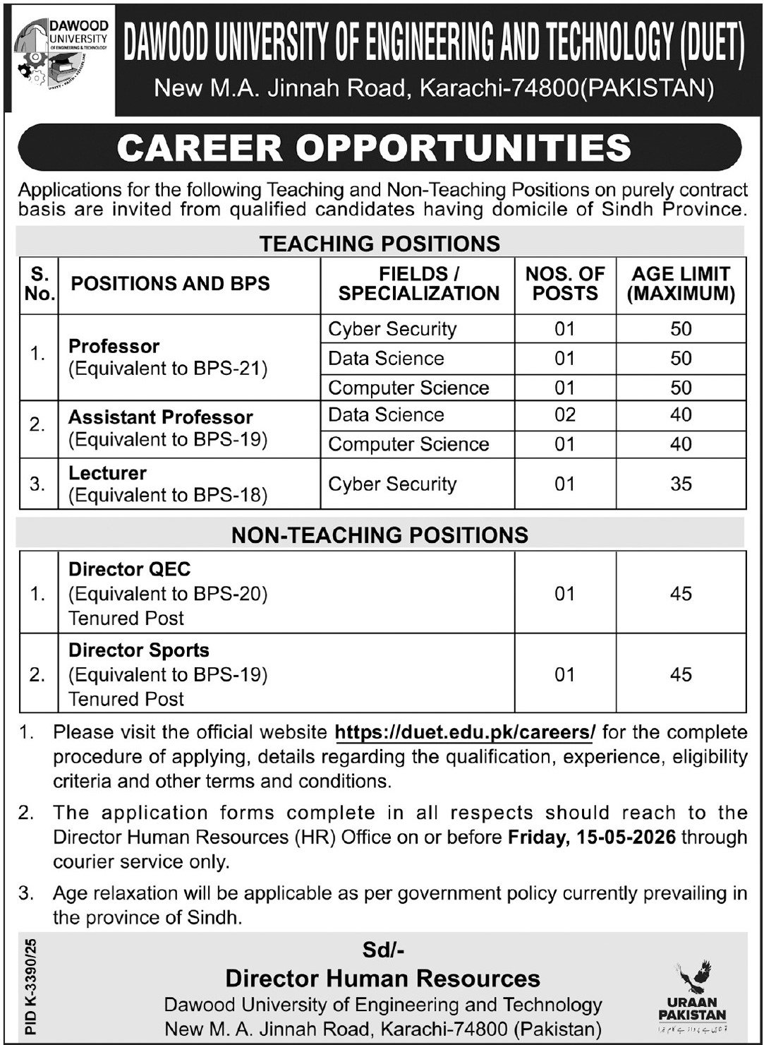Dawood University Of Engineering & Technology DUET Jobs 2026 – Dawood University of Engineering and Technology Karachi Jobs 2026 — original advertisement