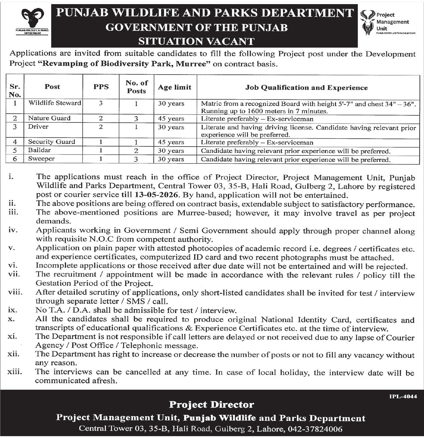 Punjab Wildlife & Parks Department Lahore Jobs 2026 – Forest Wildlife & Fishries Department Punjab Jobs 2026 — original advertisement