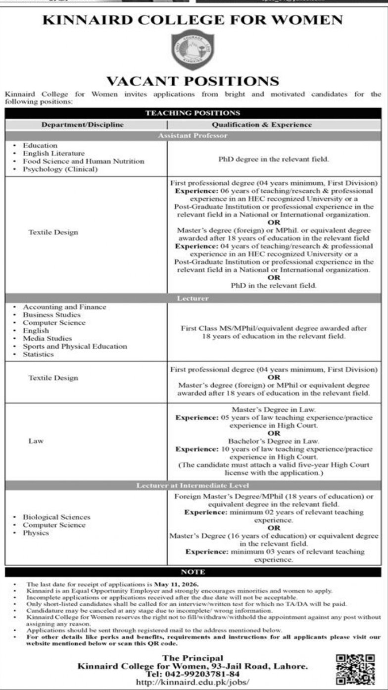 Kinnerd College For Women Lahore Jobs 2026 – Punjab Kinnaird College for Women Lahore Jobs 2026 — original advertisement