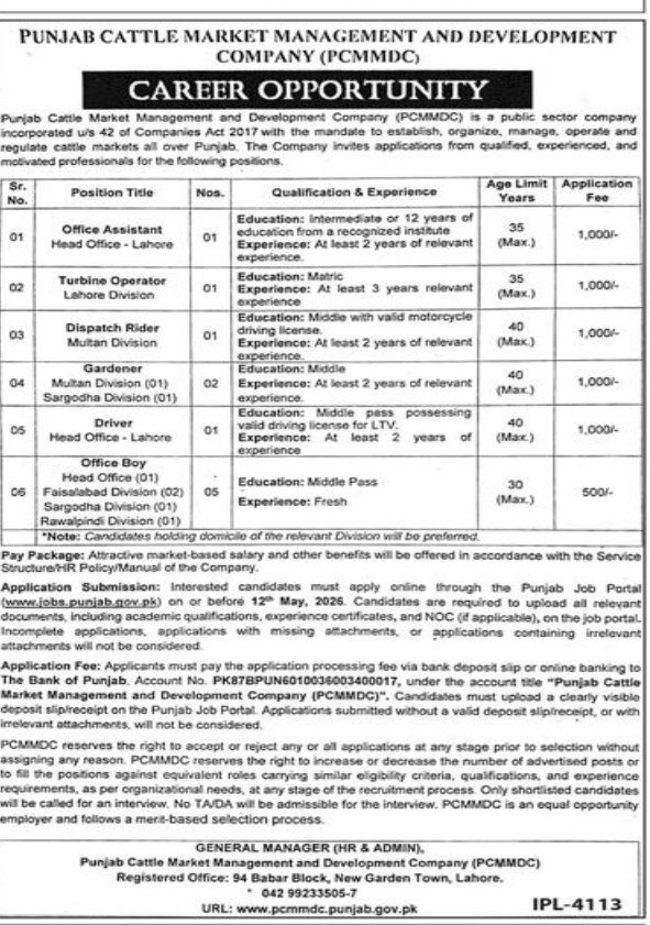 Punjab Cattle Market Management Jobs 2026 – Private Company Jobs 2026 — original advertisement