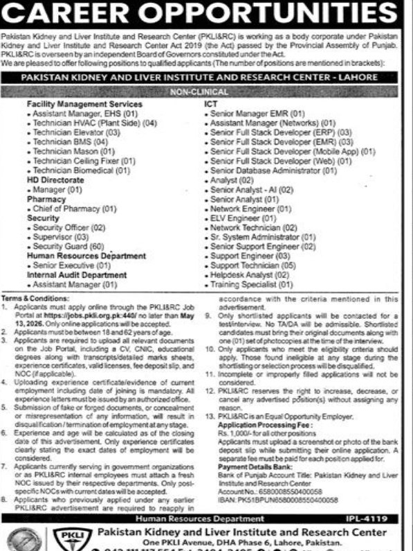 Pakistan kidney and Liver Research Institute Jobs 2026 – Pakistan Kidney And Liver Institute (PKLI) And Research Centre Lahore Jobs 2026 — original advertisement