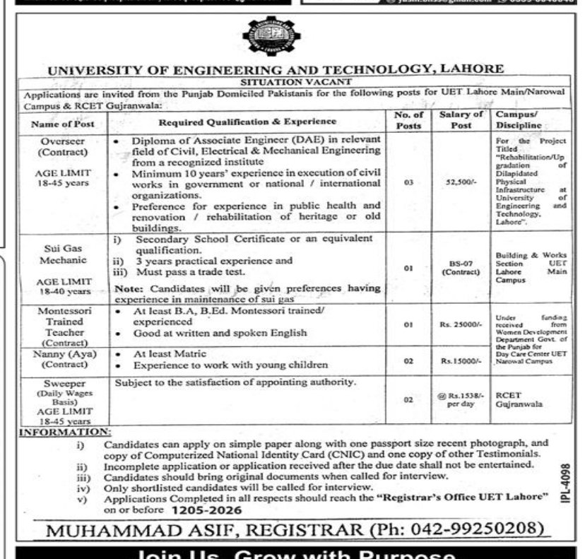 University of Engineering andTechnology Lahore Jobs 2026 – University of Engineering  & Technology Lahore Jobs 2026 — original advertisement