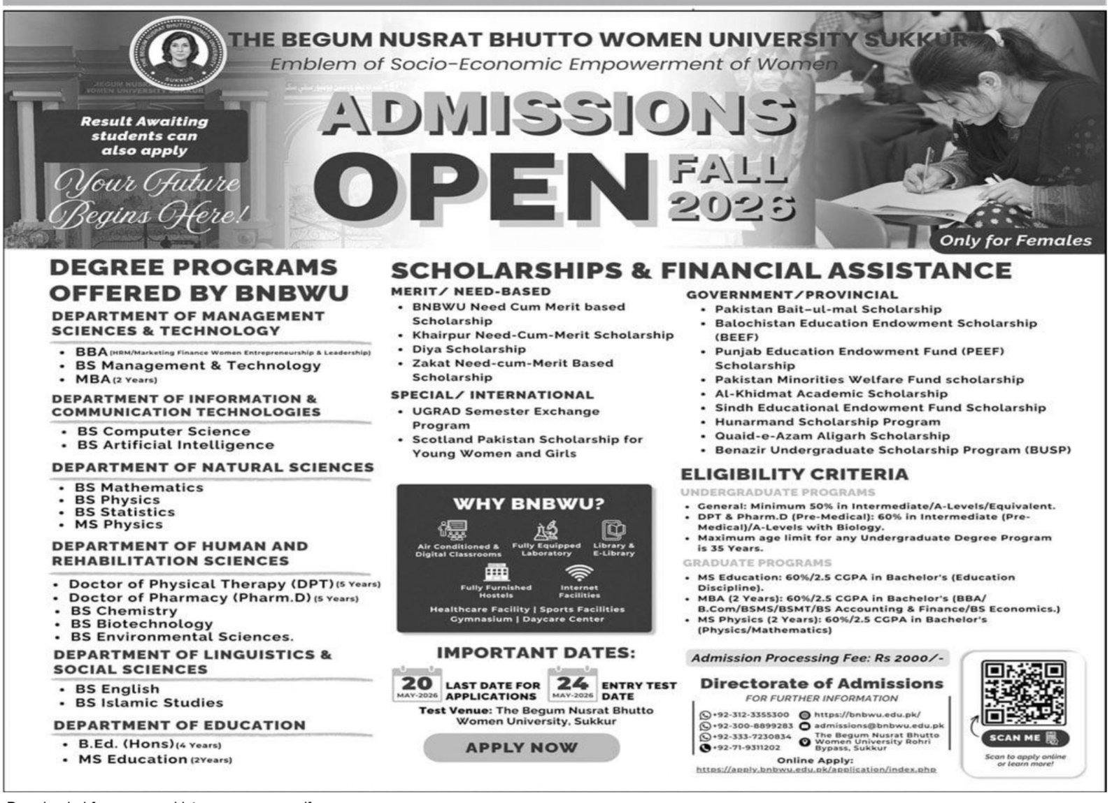 Admissions Open in The Begum Nusrat Bhutto Women University – Begum Nusrat Bhutto Women University Sukkur Admissions 2026 — original advertisement
