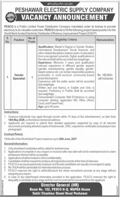 Peshawar Electric Supply Company PESCO Job 2026 – Peshawar Electric Supply Company - PESCO Jobs 2026 — original advertisement