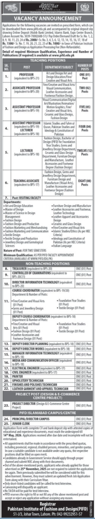 Pakistan Institute Of Fashion & Design Lahore Jobs – Pakistan Institute of Fashion and Design PIFD Lahore Jobs 2026 — original advertisement