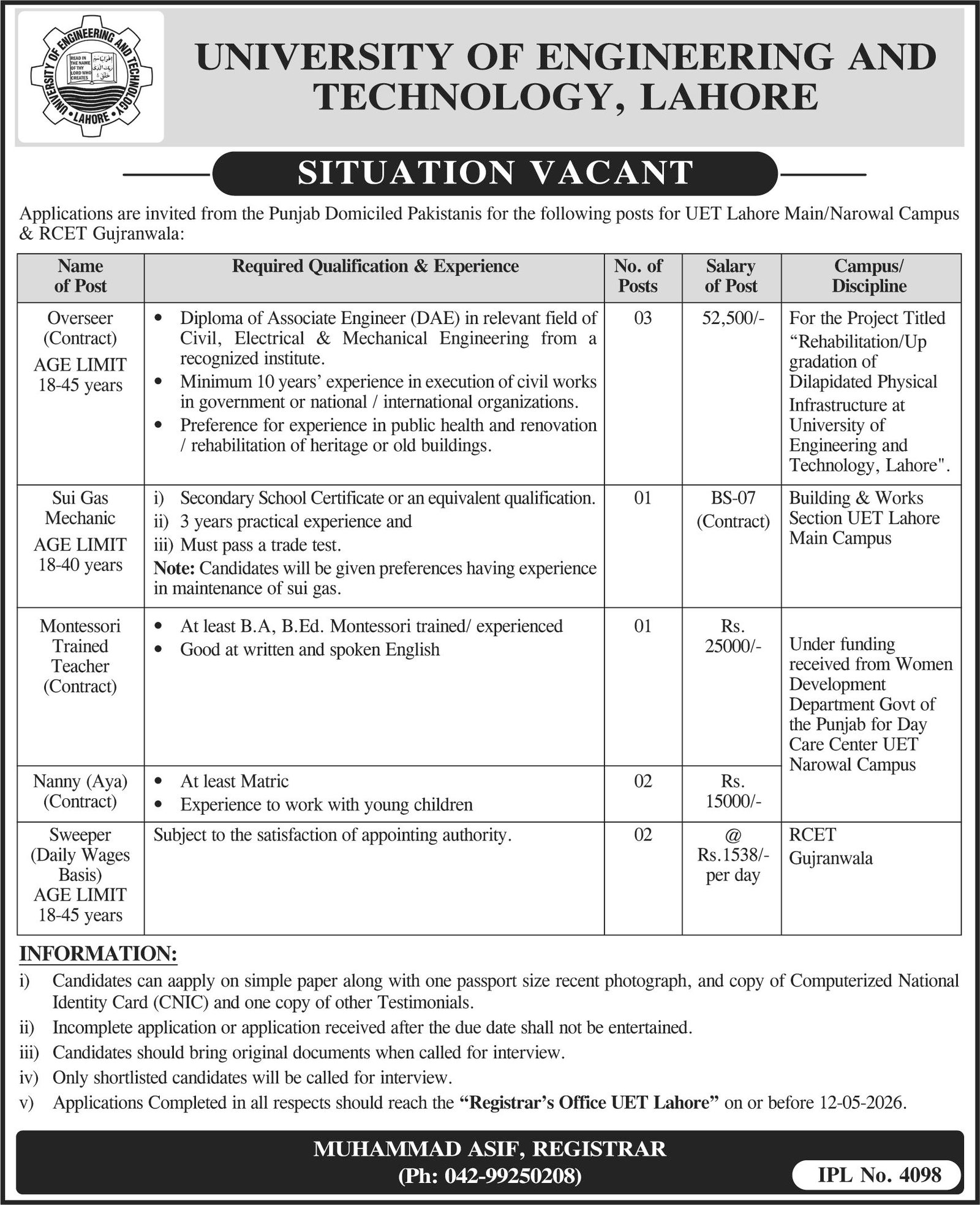 University Of Engineering & Technology UET Lahore Jobs 2026 – University of Engineering  & Technology Lahore Jobs 2026 — original advertisement