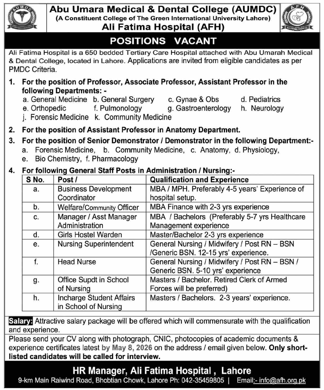 Abu Umara Medical & Dental College Lahore Jobs 2026 – Abu Umara Medical & Dental College - AUMDC Jobs 2026 — original advertisement