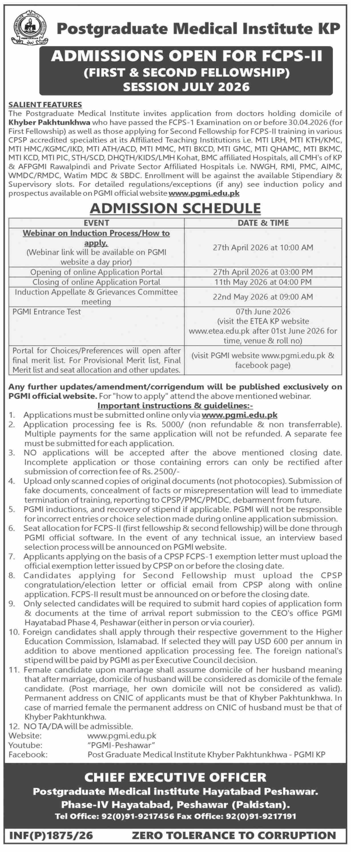 Admission Open in Postgrauted Medical Institute Kp 2026 – Jinnah Postgruate Medical Centre Karachi Admissions 2026 — original advertisement