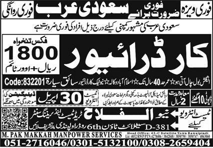 Car Driver Jobs In Saudia Arabia 2026 – Al Falah Trade Test Jobs 2026 — original advertisement