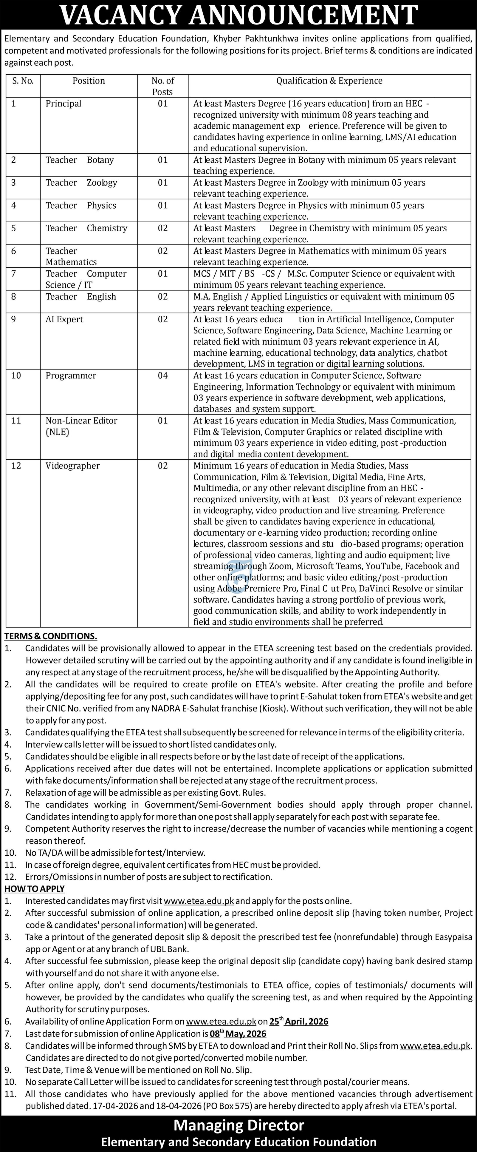 Elementary And Secondary Education Foundation Jobs – Elementary & Secondary Education Department KPK Jobs 2026 — original advertisement