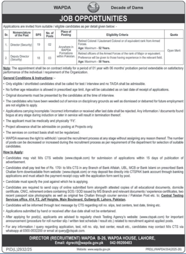 Water And Power Development Authority WAPDA Lahore Jobs 2026 Jobs 2026 — original advertisement