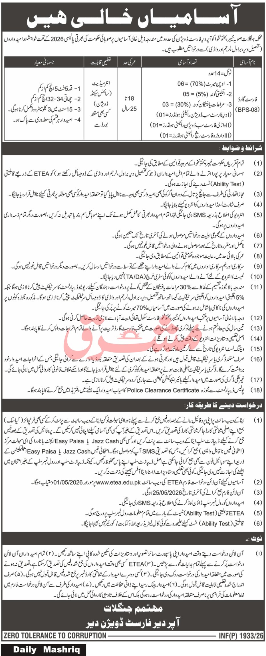 Forest Department Dir Job 2026 – Forest Department Khyber Pakhtunkhwa Jobs 2026 — original advertisement