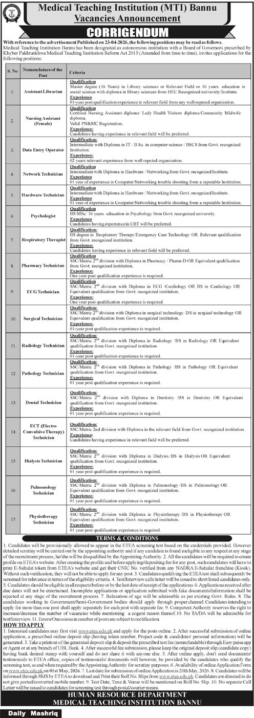 Medical Teaching Institution MTI Bannu Jobs Notice 2026 – Medical Teaching Institution Bannu Jobs 2026 — original advertisement