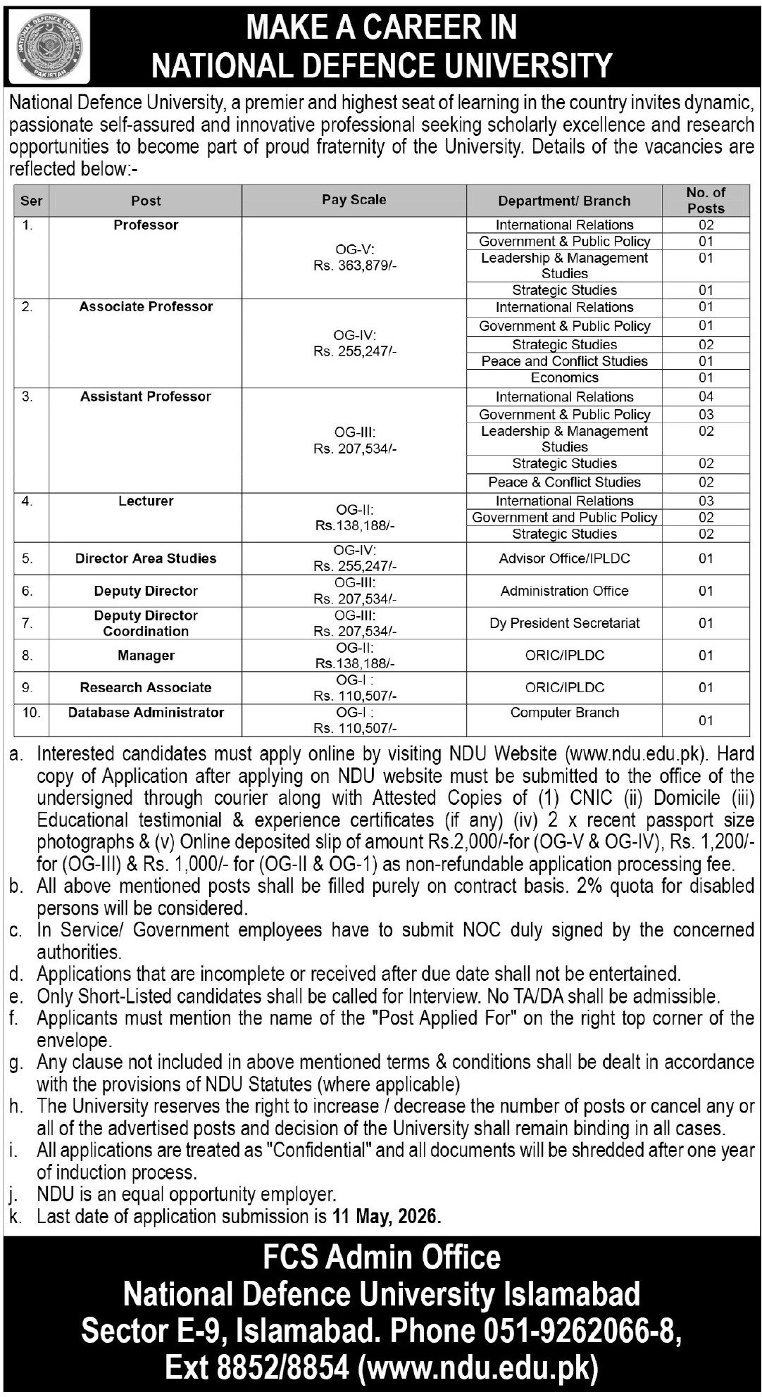 National Defence University NDU Islamabad Jobs 2026 – National Defence University, Pakistan Jobs 2026 — original advertisement