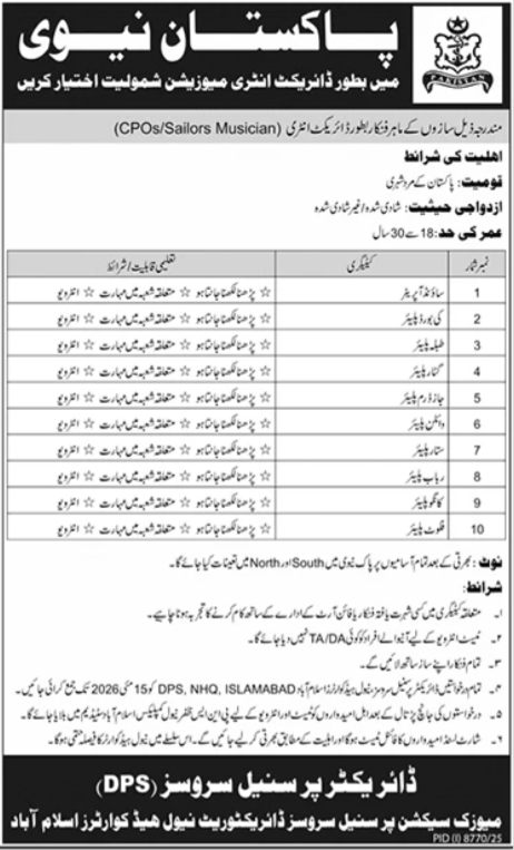 Join Pakistan Navy As CPOs & Sailors Musician Jobs 2026 — original advertisement