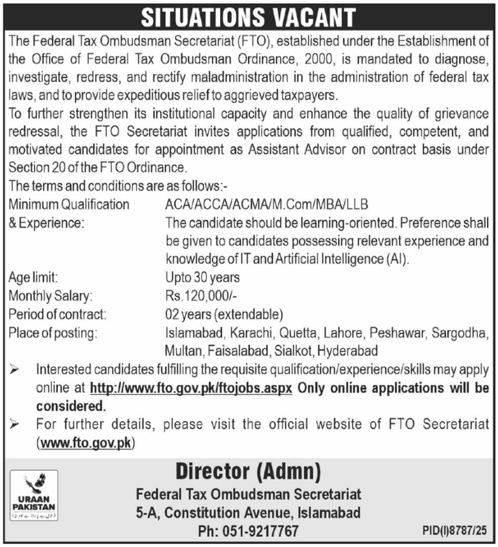 Federal Tax Ombudsman Secretariat FTO Jobs 2026 – Federal Tax Ombudsman Secretariat Pakistan Islamabad Jobs 2026 — original advertisement
