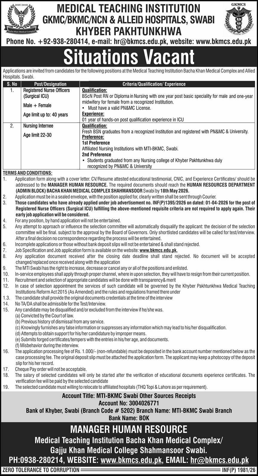 Bacha Khan Medical Complex BKMC Swabi Jobs 2026 – Bacha Khan Medical College Mardan Jobs 2026 — original advertisement