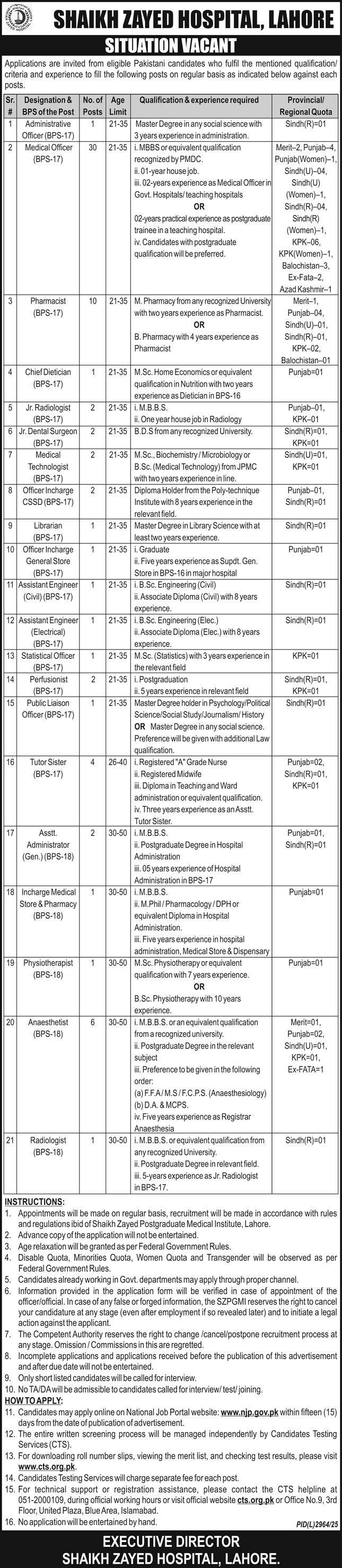 Shaikh Zayed Hospital Lahore Jobs 2026 For Medical Officer – Shaikh Zayed Medical Complex Lahore Jobs 2026 — original advertisement