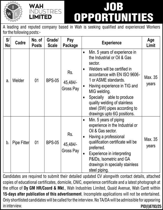 Wah Industries Limited WIL Jobs 2026 For Welder – Private Company Jobs 2026 — original advertisement