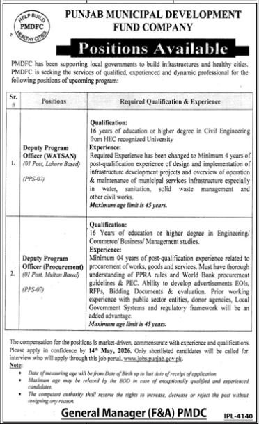 Punjab Muncipal Development Fund Company Jobs 2026 – Punjab Municipal Development Fund Company Jobs 2026 — original advertisement