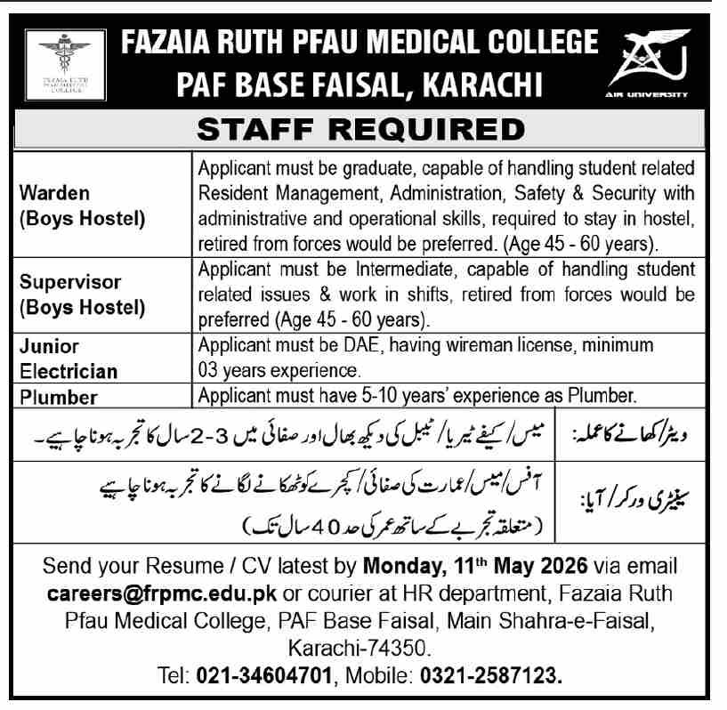 Fazaia Ruth Pfau Medical College PAF Base Faisal Jobs 2026 – Fazaia Schools & Colleges Jobs 2026 — original advertisement