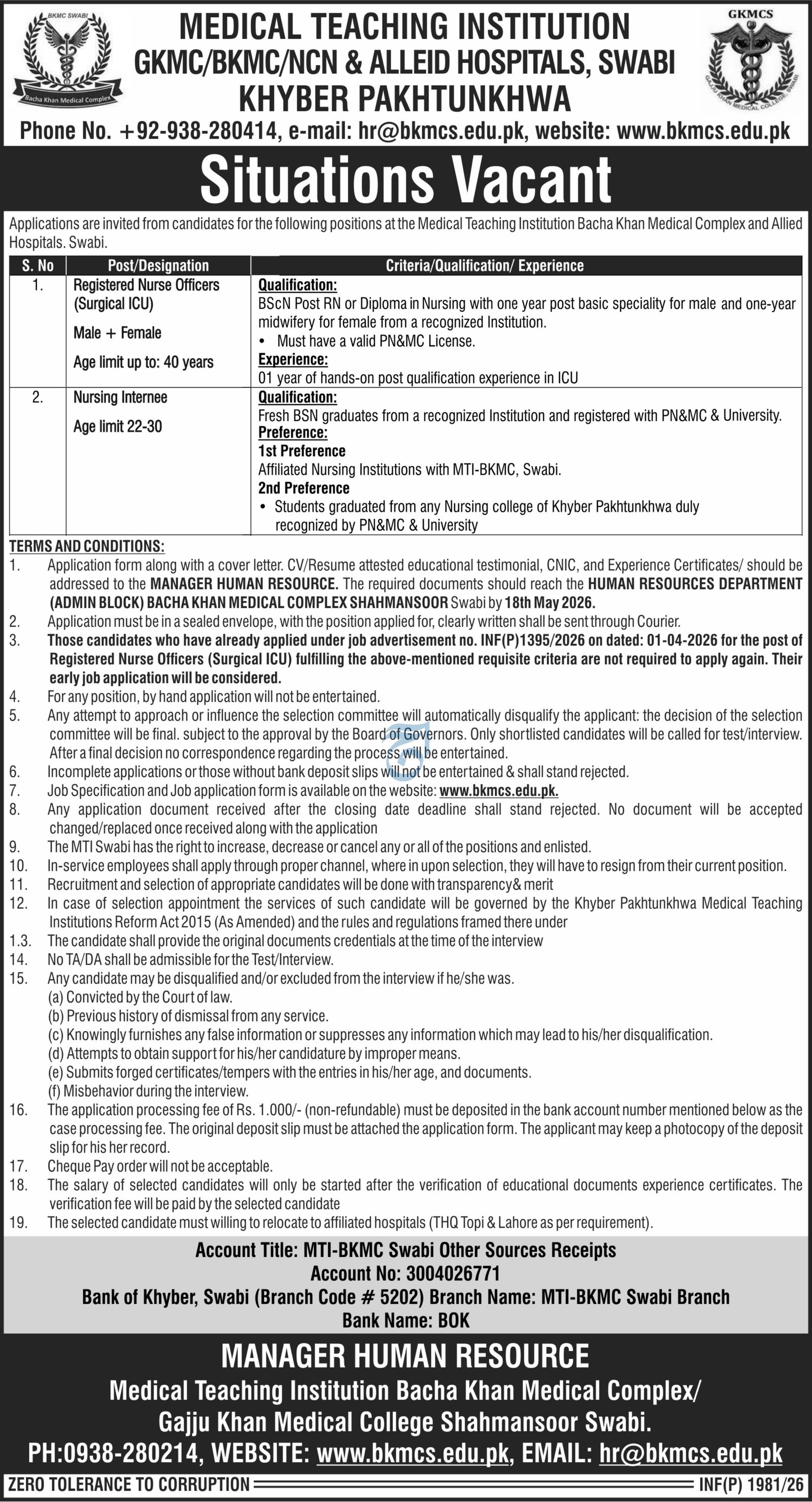 Gajju Khan Medical College GKMC BKMC Jobs 2026 – Medical Teaching Institute MTI Khyber Teaching Hospital Peshawar Kpk Jobs 2026 — original advertisement
