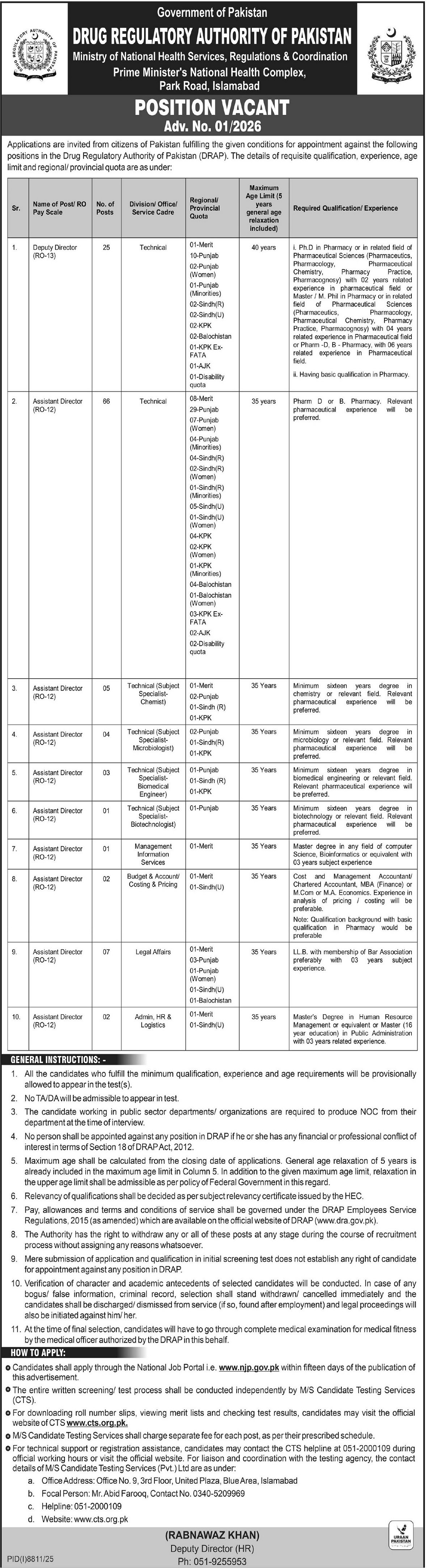 DRAP Drug Regulatory Authority Of Pakistan Jobs 2026 Jobs 2026 — original advertisement