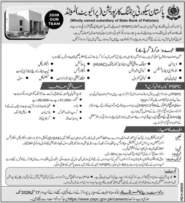 Pakistan Security Printing Corporation Pvt Ltd Karachi Jobs – Private Company Jobs 2026 — original advertisement