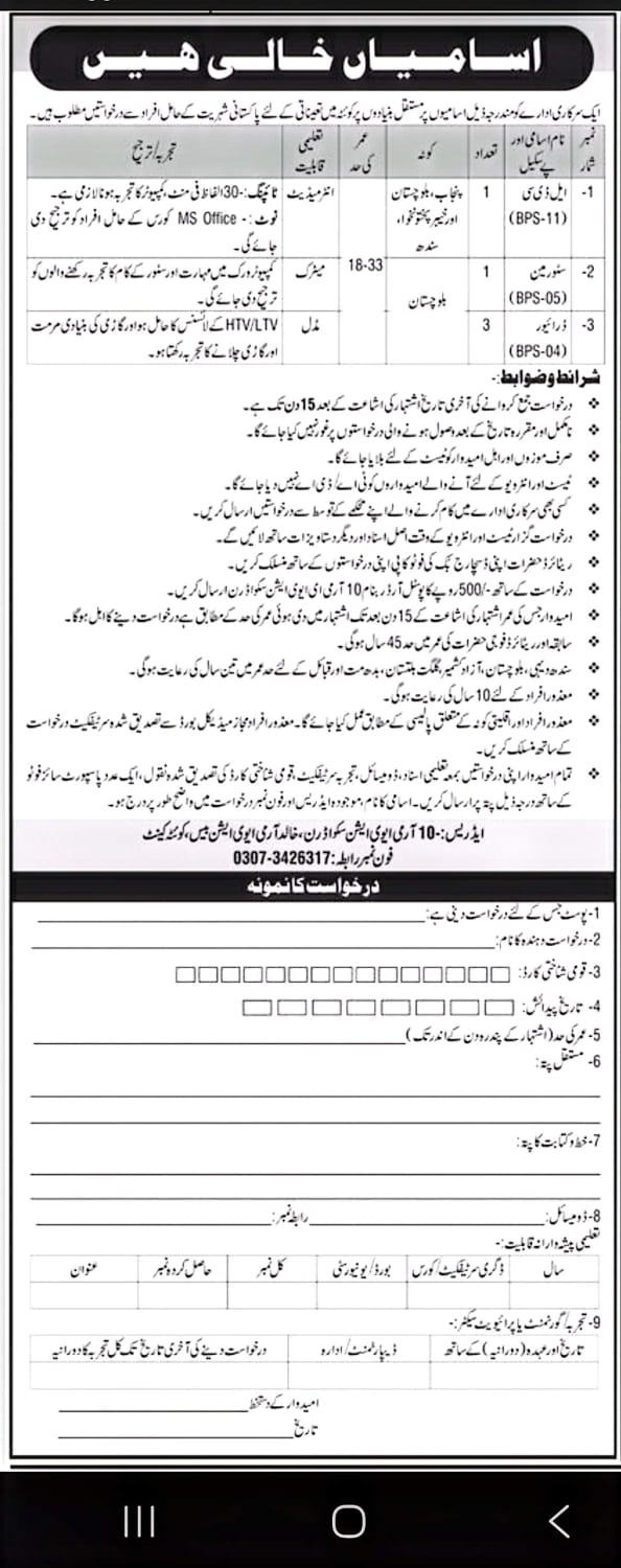 10 Army Avitaion Scodern Khalid Army Avation Base Quetta Job – Pakistan Army Jobs 2026 — original advertisement