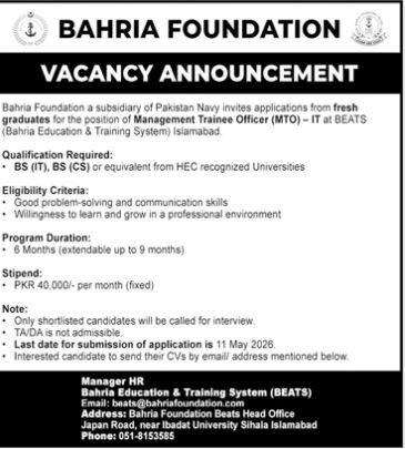 Bahria Founation Islamabad Jobs 2026 – Bahria Foundation Jobs 2026 — original advertisement