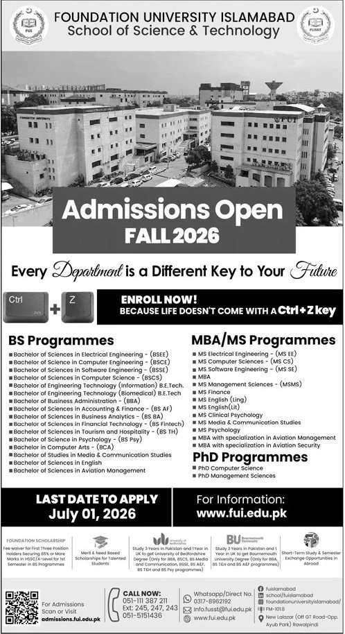 Admission Open in Foundation Univesity Islamabad 2026 – Foundation University islamabad Admissions 2026 — original advertisement