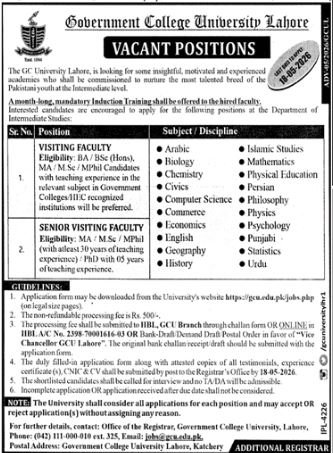 Government College University Lahore Punjab Jobs 2026 Jobs 2026 — original advertisement