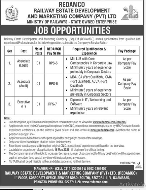 Railway Estate Development And Marketing Company Jobs – Ministry of Railways Islamabad Jobs 2026 — original advertisement