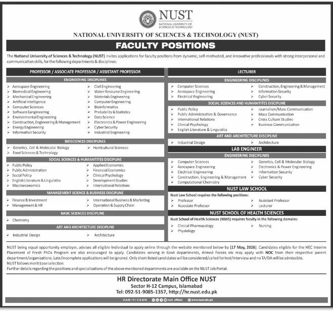National University of Science & Technology Jobs 2026 – National University of Science & Technology Islamabad Jobs 2026 — original advertisement
