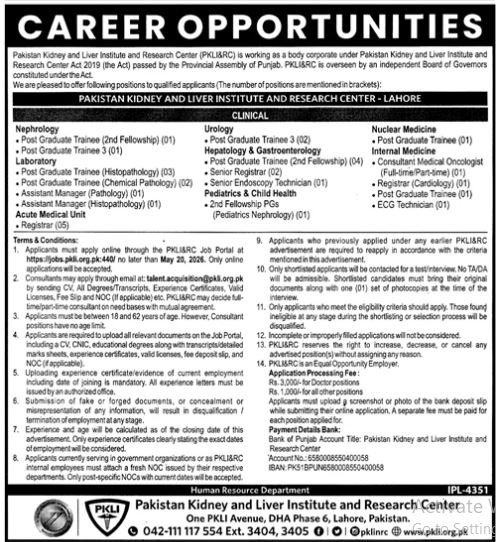 Pakistan Kidney and Liver Institute and Research Center Job – Pakistan Kidney And Liver Institute (PKLI) And Research Centre Lahore Jobs 2026 — original advertisement