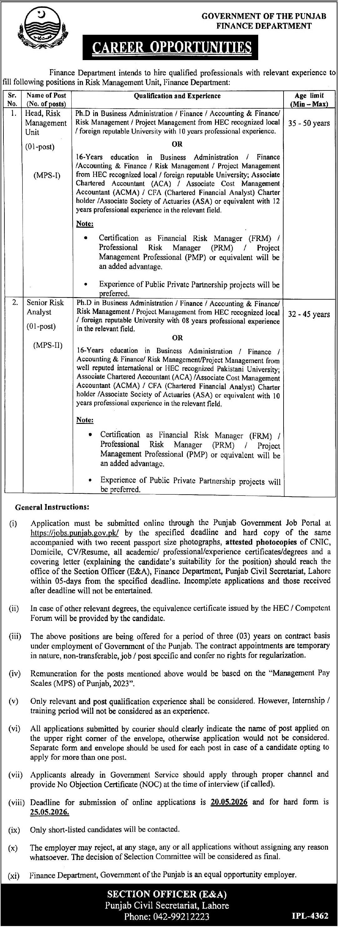 Finance Department Jobs 2026 For Senior Risk Analyst – Finance Department Punjab Jobs 2026 — original advertisement