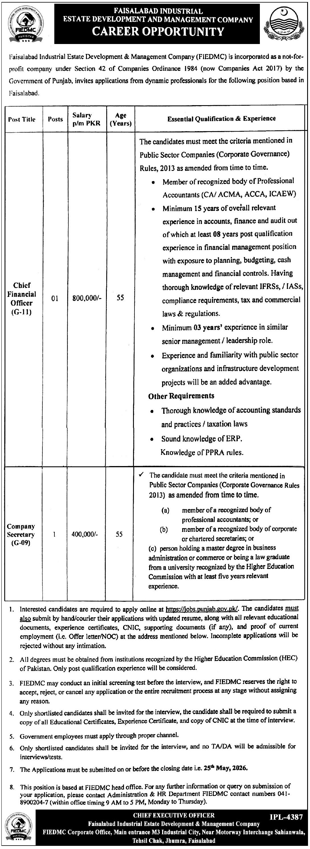 Faisalabad Industrial Estate Development FIEDMC Jobs 2026 – Faisalabad Institute of Cardiology, Faisalabad Jobs 2026 — original advertisement