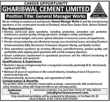Gharibwal Cement Limited Chakwal Job 2026 – Private Company Jobs 2026 — original advertisement