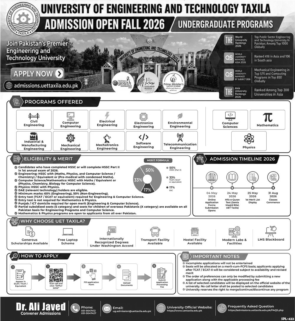 Admission Open in University of Engineering And Technology – University of Engineering and Technology Taxila Admissions 2026 — original advertisement