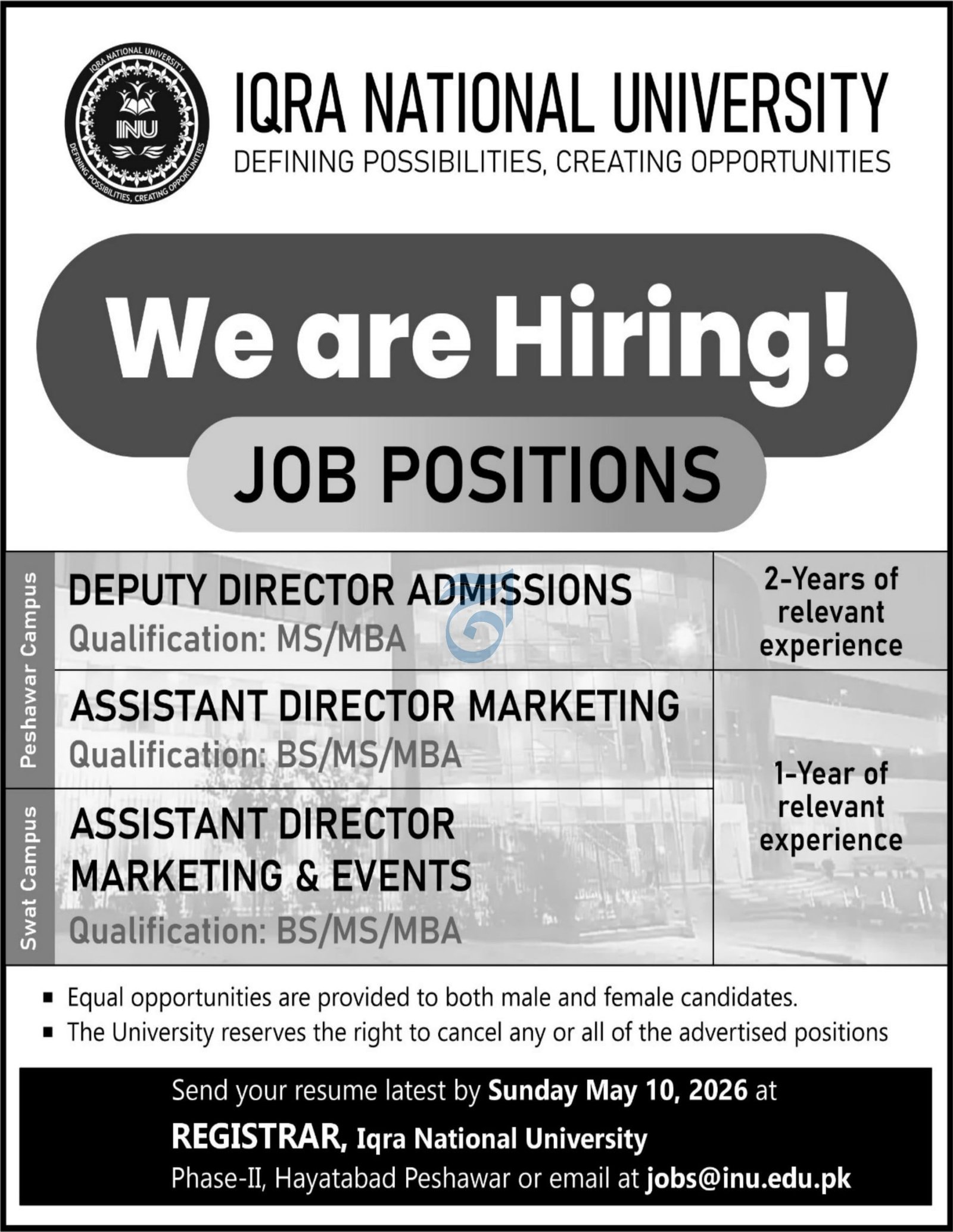 Iqra National University Peshawar Jobs 2026 – Iqra University Islamabad Campus Jobs 2026 — original advertisement