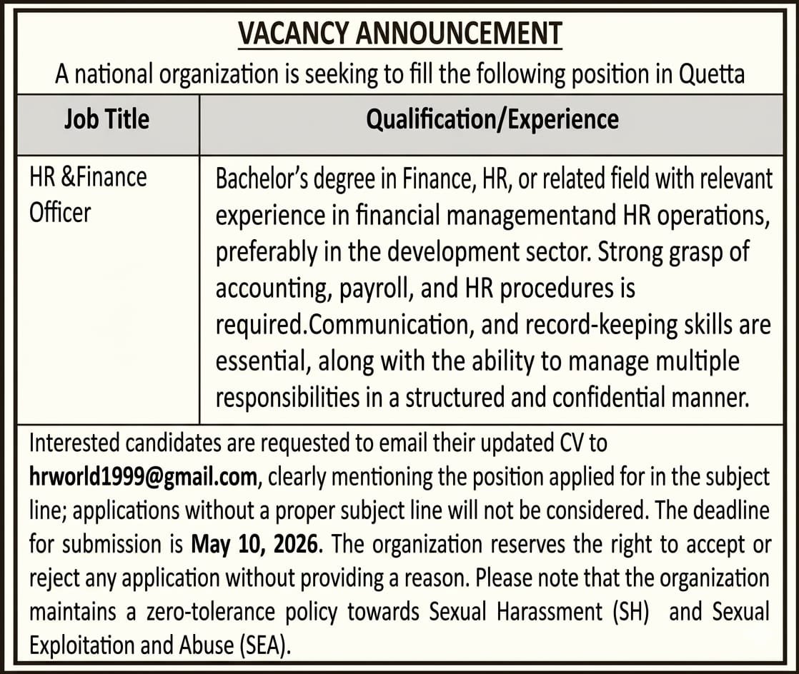 National Organization Quetta Job 2026 – Public Sector Organization Jobs 2026 — original advertisement
