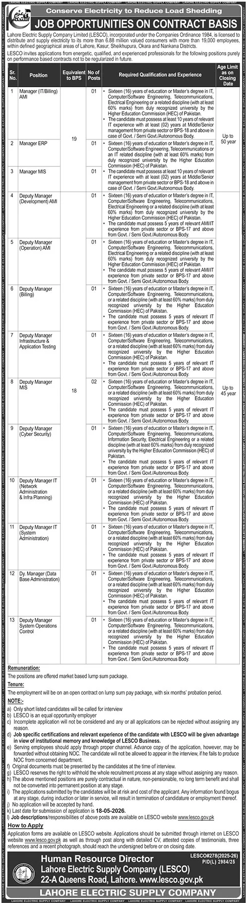 Lahore Electric Supply Company Jobs 2026 – Lahore Electric Supply Company LESCO Lahore Jobs 2026 — original advertisement