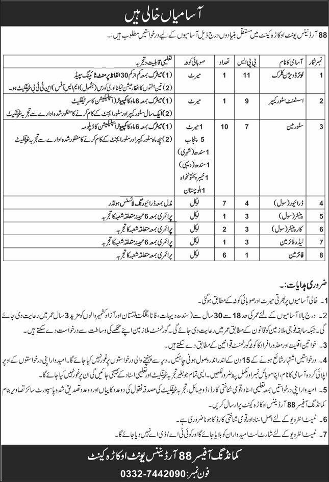 Pakistan Army 88 Ordnance Unit Okara Cantt Jobs 2026 Jobs 2026 — original advertisement