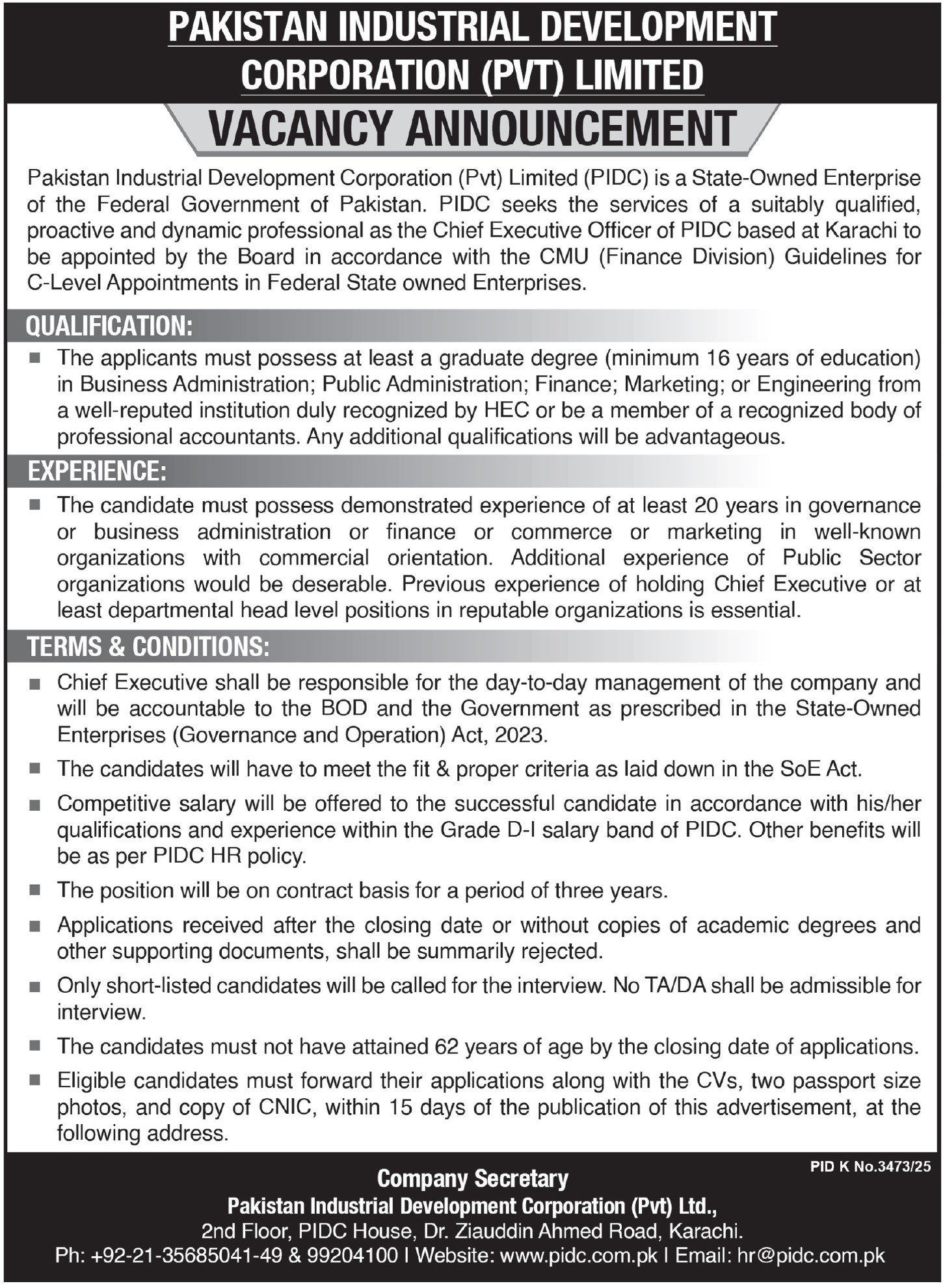 Pakistan Industrial Development Corporation Jobs For CEO – Public Sector Organization Jobs 2026 — original advertisement